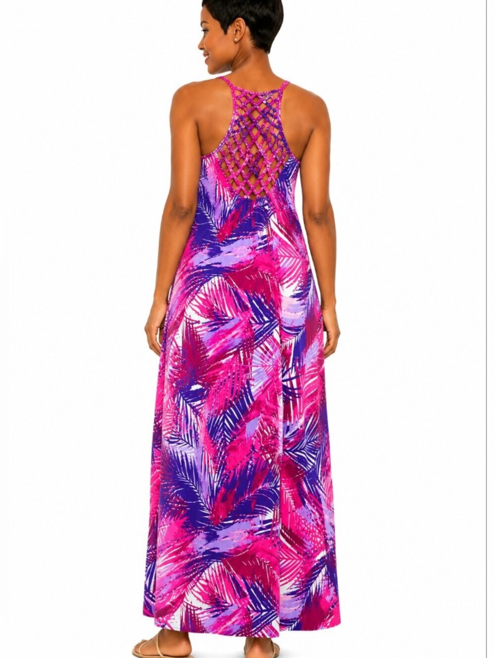 RAVIYA Pink & Purple Palm-Print Racer-back Maxi Dress - SIZE 0X- 14 NWT - Picture 2 of 7